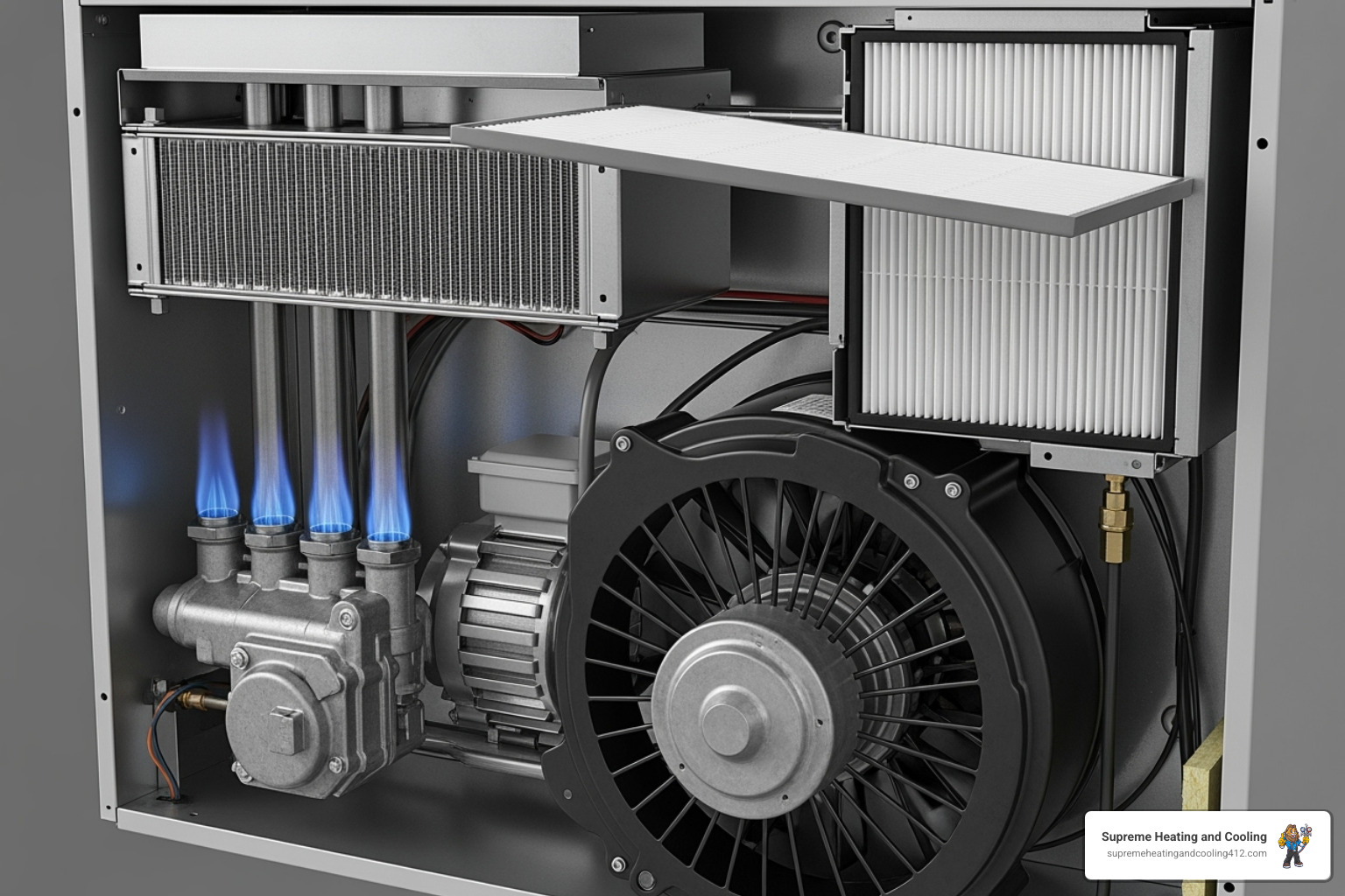 internal components of a furnace, highlighting the filter, blower, and burners - heating blowing cold air in baldwin, pa