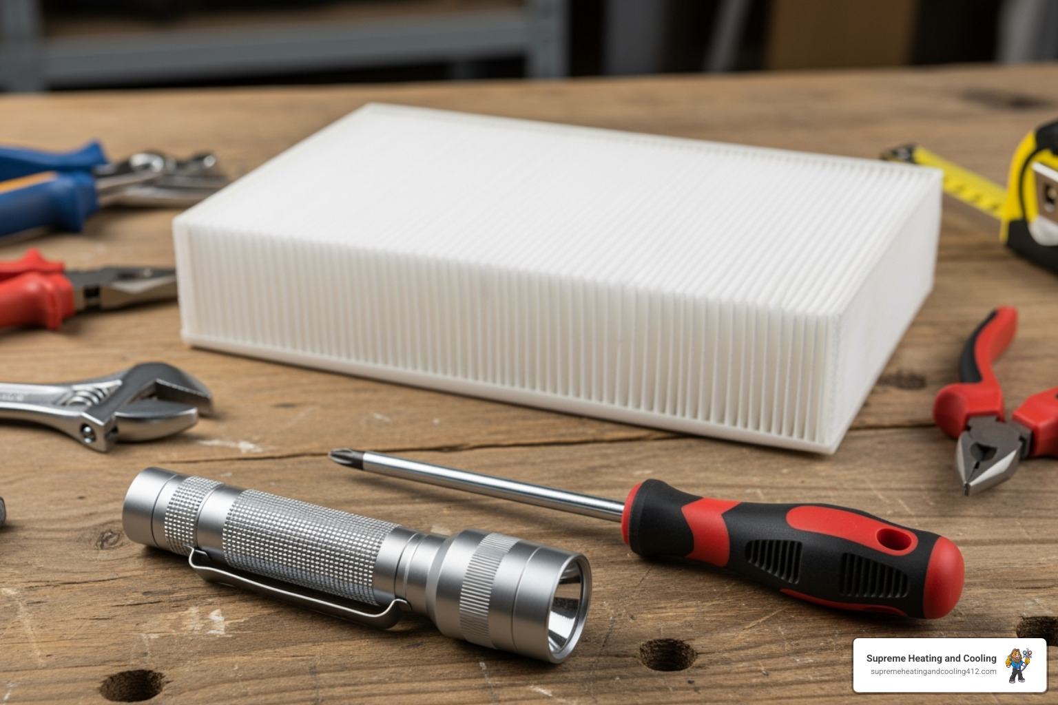 homeowner's toolkit with a flashlight, screwdriver, and a new furnace filter - heating blowing cold air in baldwin, pa