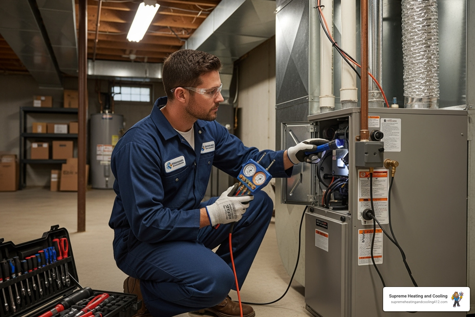 professional HVAC technician inspecting a furnace - heating blowing cold air in baldwin, pa