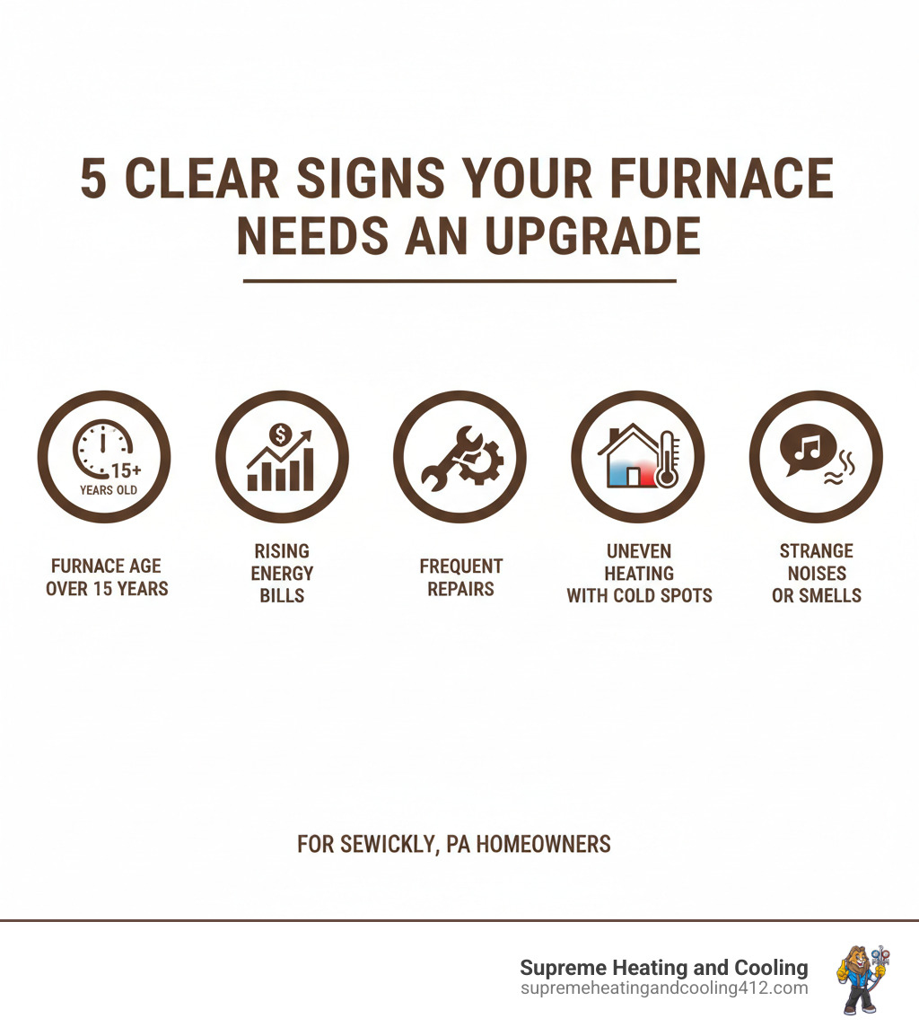 infographic showing five clear signs your furnace needs an upgrade: furnace age over 15 years, rising energy bills, frequent repairs, uneven heating with cold spots, and strange noises or smells - furnace upgrade in sewickley, pa infographic infographic showing five clear signs your furnace needs an upgrade: furnace age over 15 years, rising energy bills, frequent repairs, uneven heating with cold spots, and strange noises or smells - furnace upgrade in sewickley, pa infographic