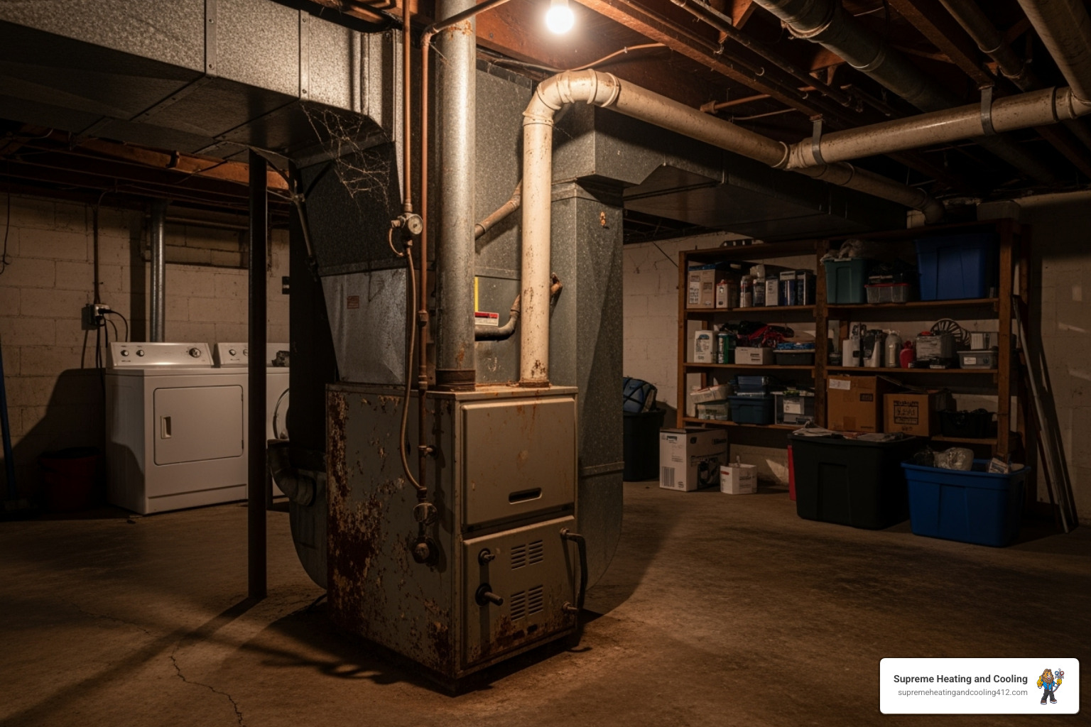old, visibly worn-out furnace in a basement - furnace upgrade in sewickley, pa old, visibly worn-out furnace in a basement - furnace upgrade in sewickley, pa