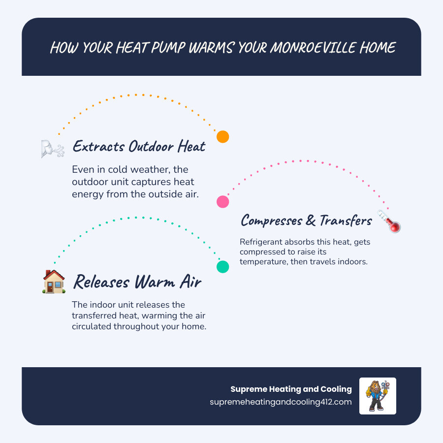 Infographic showing how a heat pump works in heating mode: outdoor unit extracts heat from outside air, compressor pressurizes refrigerant, indoor unit releases warm air into home, and reversing valve switches between heating and cooling modes - heat pump blowing cold air in monroeville, pa infographic infographic-line-3-steps-blues-accent_colors Infographic showing how a heat pump works in heating mode: outdoor unit extracts heat from outside air, compressor pressurizes refrigerant, indoor unit releases warm air into home, and reversing valve switches between heating and cooling modes - heat pump blowing cold air in monroeville, pa infographic infographic-line-3-steps-blues-accent_colors