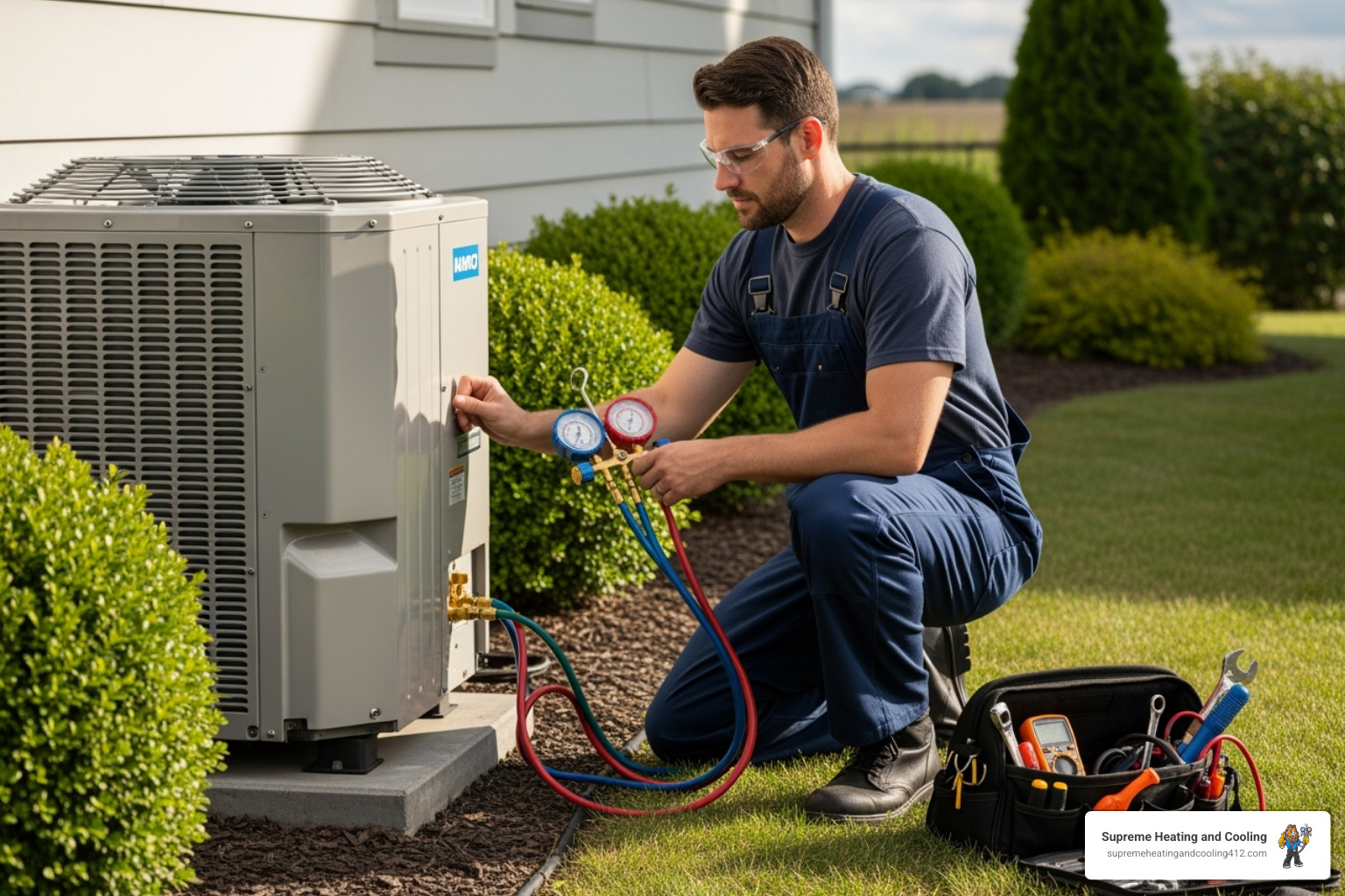HVAC technician inspecting outdoor heat pump - heat pump blowing cold air in monroeville, pa HVAC technician inspecting outdoor heat pump - heat pump blowing cold air in monroeville, pa