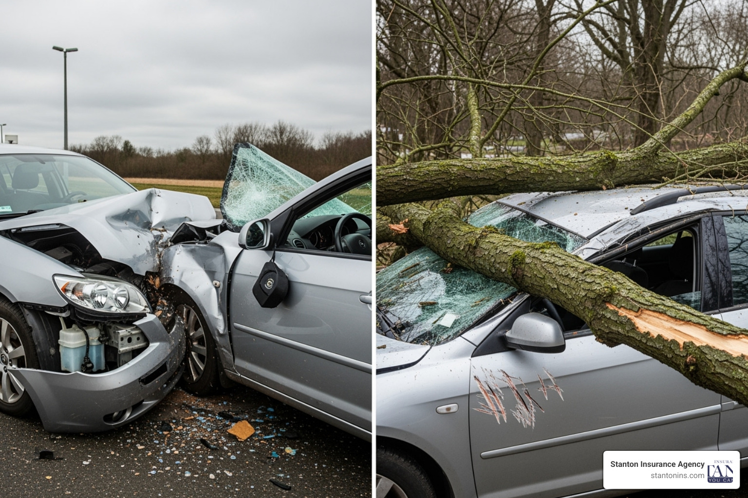 A split-screen image showing a car in a collision on one side and a car with a tree branch fallen on it on the other, with "Collision Coverage" and "Comprehensive Coverage" labels. - does car insurance cost more for financed cars