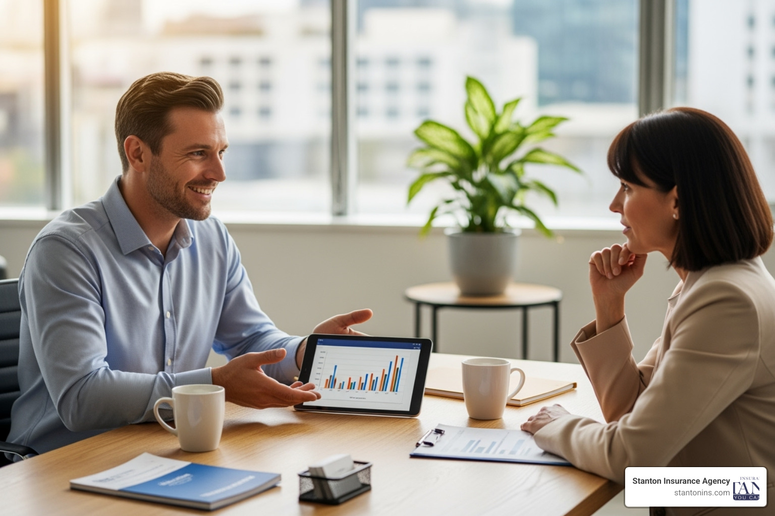 A friendly insurance agent discussing policy options with a client in an office setting. - does car insurance cost more for financed cars