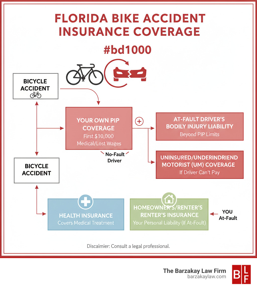 Infographic showing the types of insurance coverage available after a bicycle accident in Florida, including PIP coverage for first $10,000, at-fault driver's bodily injury liability, uninsured motorist coverage, health insurance, and homeowner's insurance, with arrows indicating when each type applies - Personal injury bike accident infographic 