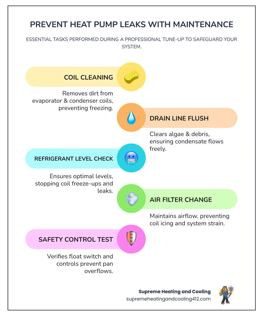 Infographic detailing maintenance tasks like coil cleaning, drain line flushing, refrigerant level checks, safety control testing, and filter replacement - heat pump leaking water in crafton, pa infographic infographic-line-5-steps-colors Infographic detailing maintenance tasks like coil cleaning, drain line flushing, refrigerant level checks, safety control testing, and filter replacement - heat pump leaking water in crafton, pa infographic infographic-line-5-steps-colors