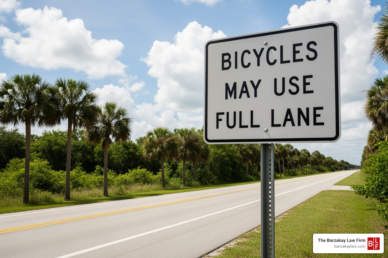 Florida road sign indicating Bicycles May Use Full Lane - Personal injury bike accident