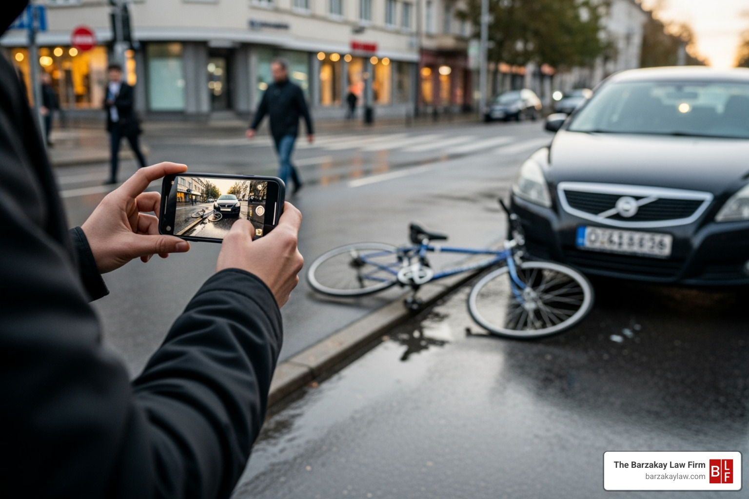Person using their smartphone to take a photo of a damaged bicycle and a car's license plate - Personal injury bike accident