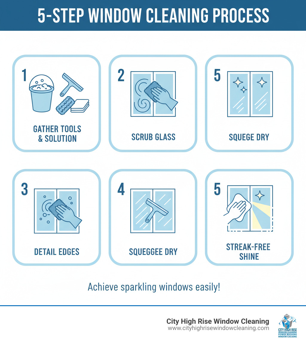 Infographic showing the 5-step window cleaning process: Step 1 shows a bucket with cleaning solution and tools laid out; Step 2 displays a hand scrubbing a window with a microfiber scrubber in circular motions; Step 3 illustrates proper squeegee technique with overlapping strokes at 30-degree angle; Step 4 shows wiping edges with a lint-free cloth; Step 5 displays a sparkling clean window with natural light streaming through - easiest way to clean house windows infographic Infographic showing the 5-step window cleaning process: Step 1 shows a bucket with cleaning solution and tools laid out; Step 2 displays a hand scrubbing a window with a microfiber scrubber in circular motions; Step 3 illustrates proper squeegee technique with overlapping strokes at 30-degree angle; Step 4 shows wiping edges with a lint-free cloth; Step 5 displays a sparkling clean window with natural light streaming through - easiest way to clean house windows infographic