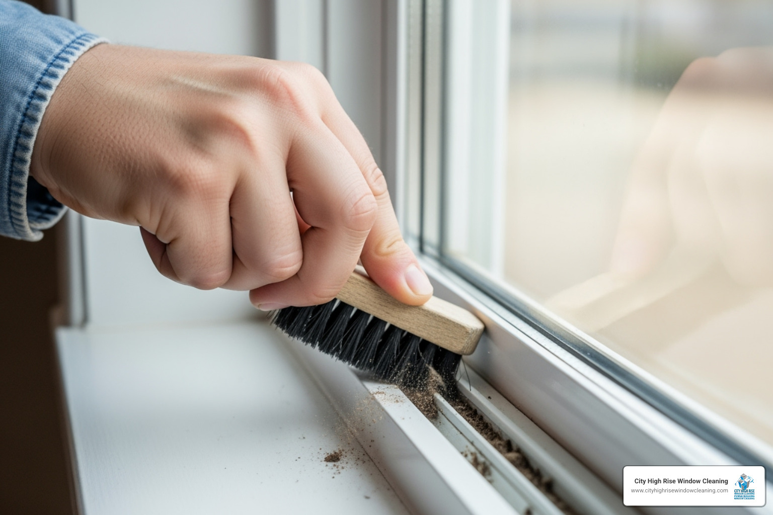 someone cleaning a window track with a brush - easiest way to clean house windows someone cleaning a window track with a brush - easiest way to clean house windows
