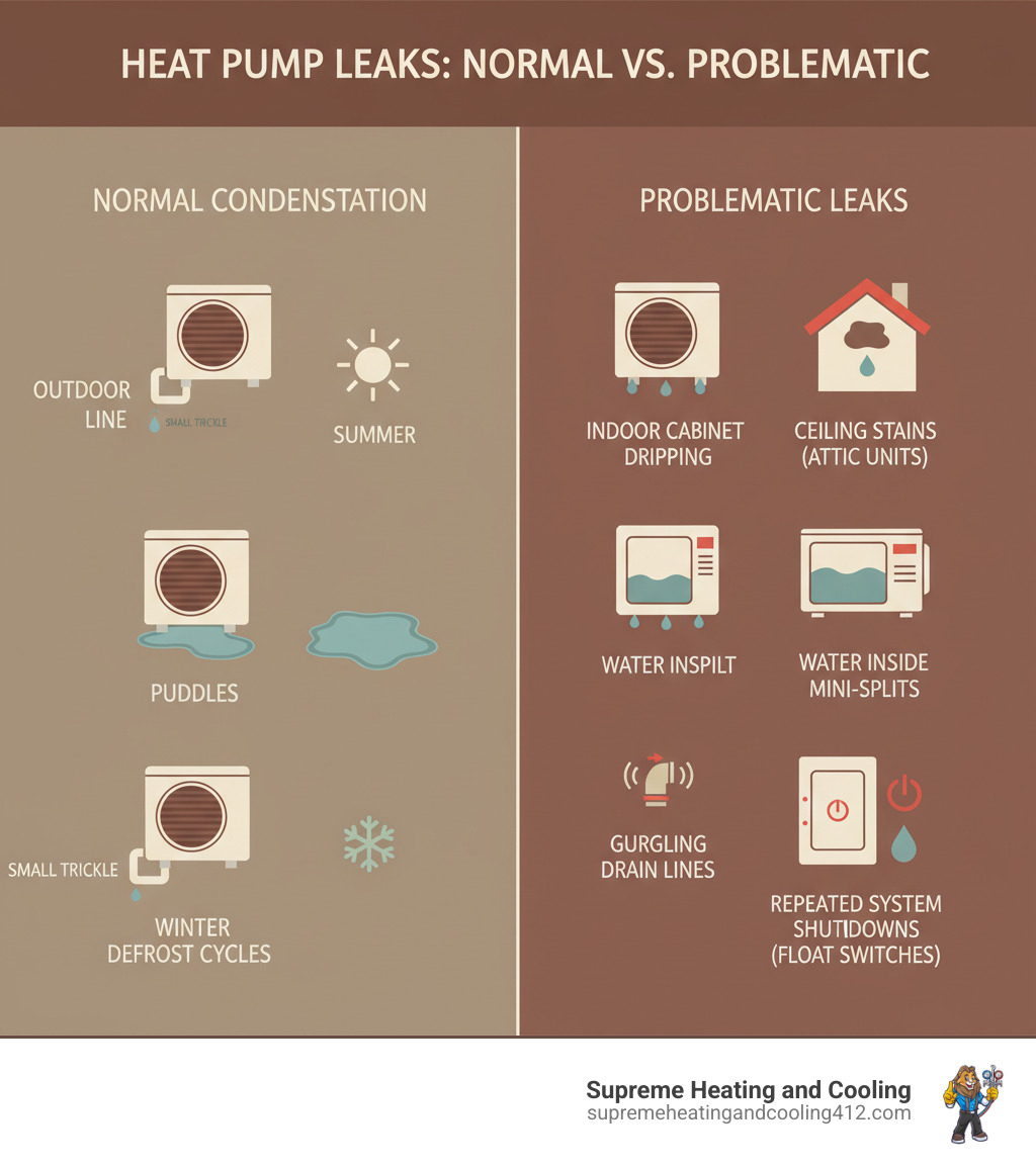 Infographic showing normal heat pump condensation versus problematic leaks: Normal includes a small trickle from outdoor drain line in summer and puddles under outdoor unit during winter defrost cycles; Problematic includes water dripping from indoor cabinet, ceiling stains below attic units, water inside wall-mounted mini-splits, gurgling drain lines, and repeated system shutdowns from float switches - heat pump leaking water in crafton, pa infographic  Infographic showing normal heat pump condensation versus problematic leaks: Normal includes a small trickle from outdoor drain line in summer and puddles under outdoor unit during winter defrost cycles; Problematic includes water dripping from indoor cabinet, ceiling stains below attic units, water inside wall-mounted mini-splits, gurgling drain lines, and repeated system shutdowns from float switches - heat pump leaking water in crafton, pa infographic