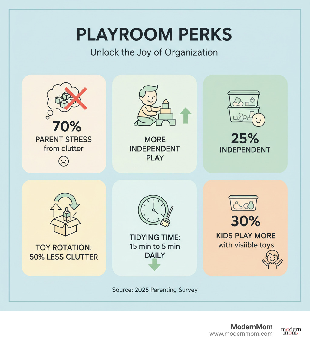 Infographic showing the benefits of an organized playroom: 70% of parents report toy clutter stress, organized spaces increase independent play by 25%, proper storage can reduce daily tidying time from 15 minutes to 5 minutes, toy rotation reduces clutter by 50%, and kids are 30% more likely to play with visible toys - Playroom organization hacks infographic 