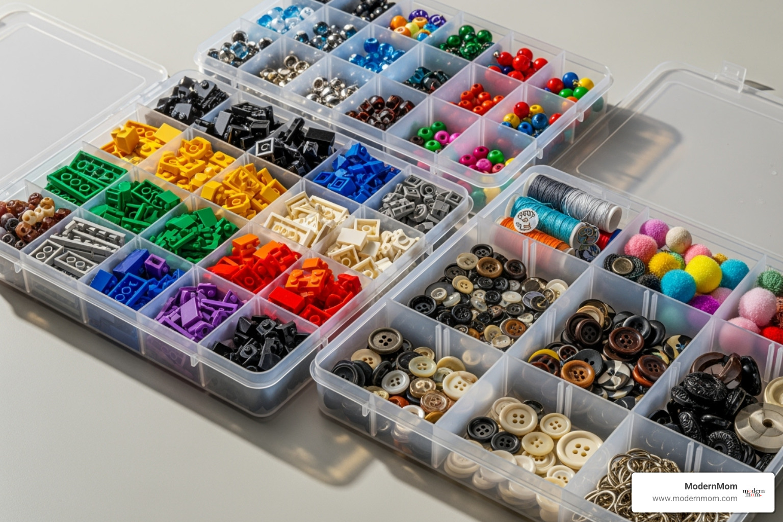 Clear, divided containers organizing small LEGO pieces and craft supplies - Playroom organization hacks