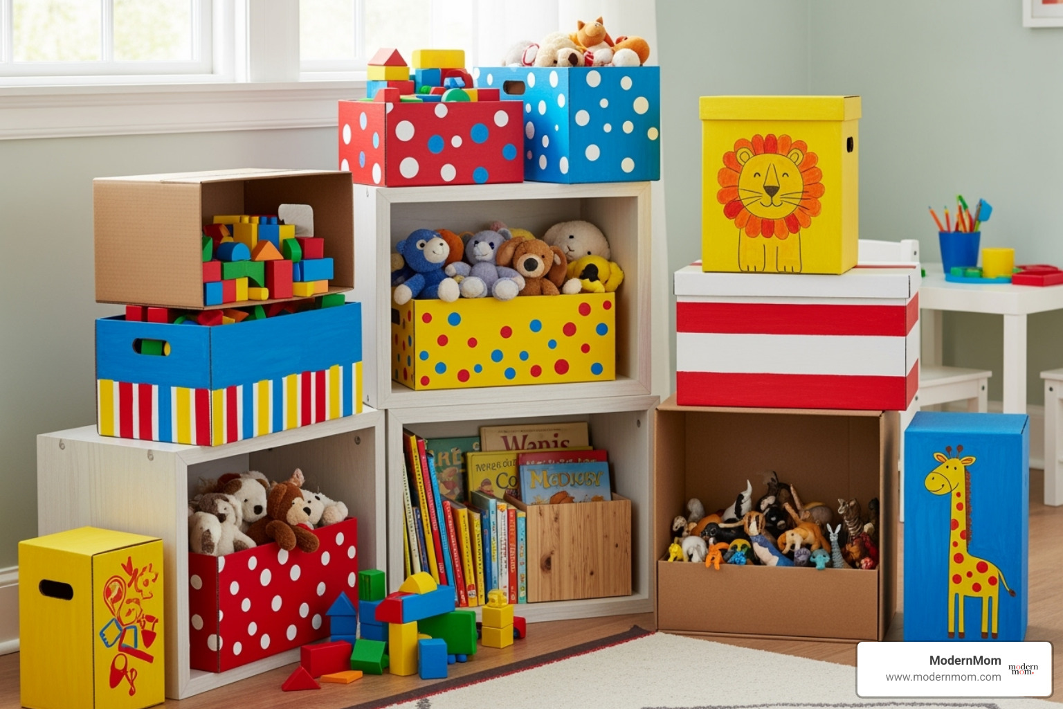 Creative DIY storage solution using painted cardboard boxes - Playroom organization hacks
