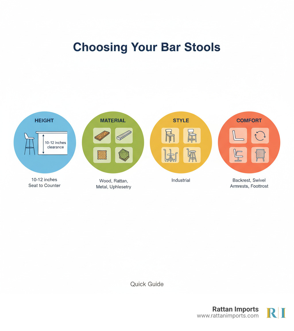 Infographic showing the 4 key factors in choosing bar stools: Height (measuring 10-12 inches clearance from seat to counter), Material (wood, rattan, metal, upholstery options), Style (modern, farmhouse, industrial, coastal designs), and Comfort (backrest types, swivel features, armrests, and footrests) - bar stools infographic Infographic showing the 4 key factors in choosing bar stools: Height (measuring 10-12 inches clearance from seat to counter), Material (wood, rattan, metal, upholstery options), Style (modern, farmhouse, industrial, coastal designs), and Comfort (backrest types, swivel features, armrests, and footrests) - bar stools infographic