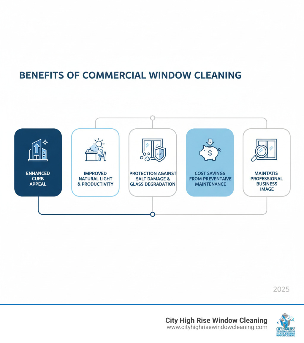 infographic showing benefits of commercial window cleaning including enhanced curb appeal, improved natural light and employee productivity, protection against salt damage and glass degradation, and cost savings from preventative maintenance - commercial window cleaning bellport infographic infographic showing benefits of commercial window cleaning including enhanced curb appeal, improved natural light and employee productivity, protection against salt damage and glass degradation, and cost savings from preventative maintenance - commercial window cleaning bellport infographic