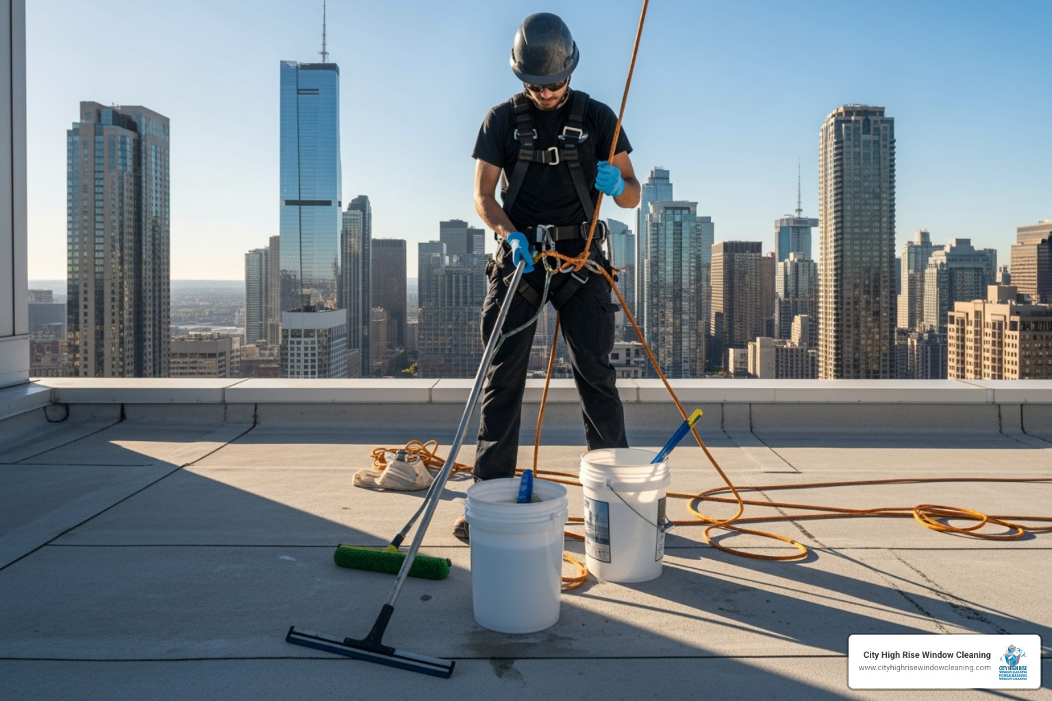 certified technician in a safety harness preparing for high-rise window cleaning - commercial window cleaning bellport certified technician in a safety harness preparing for high-rise window cleaning - commercial window cleaning bellport