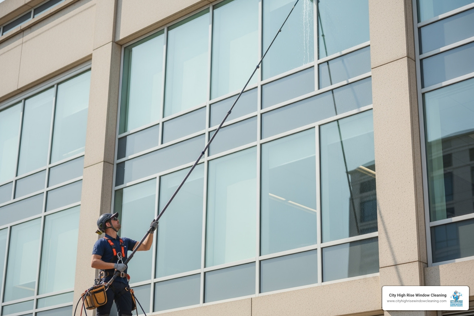 window cleaner using a water-fed pole system on a multi-story building - commercial window cleaning bellport window cleaner using a water-fed pole system on a multi-story building - commercial window cleaning bellport