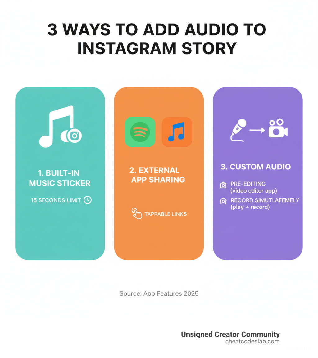 infographic showing three methods to add audio to instagram story: built-in music sticker with 15 second limit, external app sharing from spotify and apple music with tappable links, and custom audio through pre-editing or recording simultaneously - add audio to instagram story infographic 