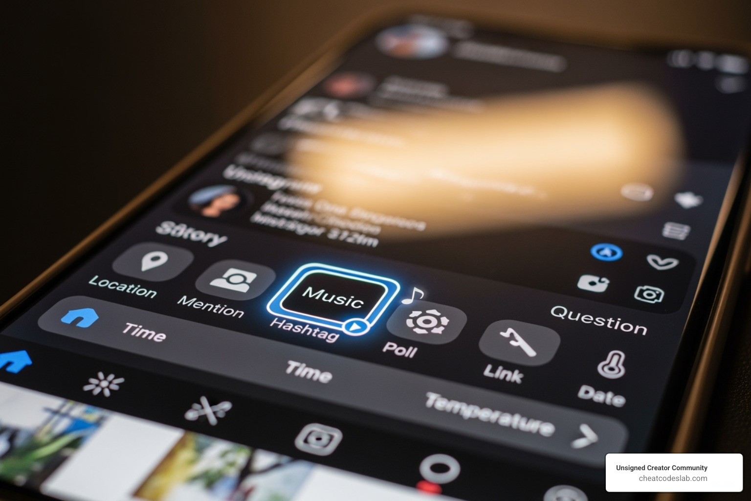 Instagram Story sticker tray with the 'Music' sticker highlighted - add audio to instagram story