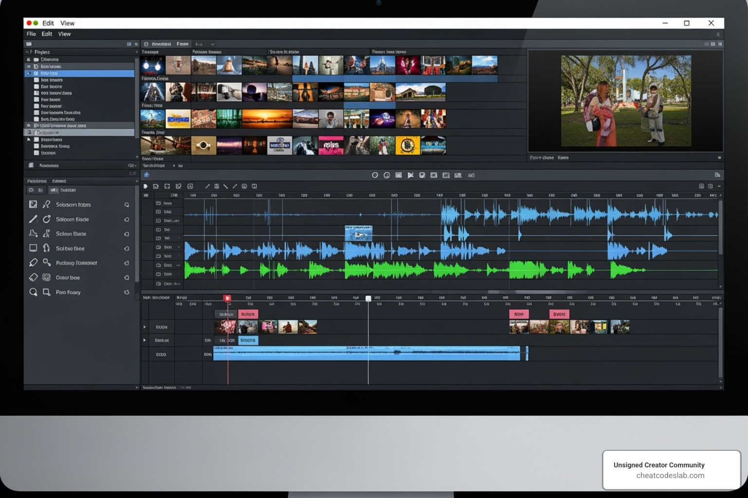 video editing app interface with audio tracks and video clips - add audio to instagram story