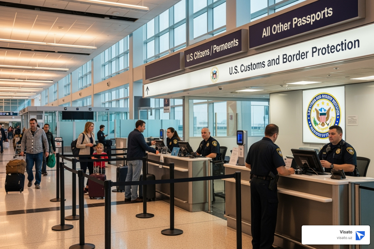 Airport arrivals hall with an immigration counter - Medical visa application form Airport arrivals hall with an immigration counter - Medical visa application form