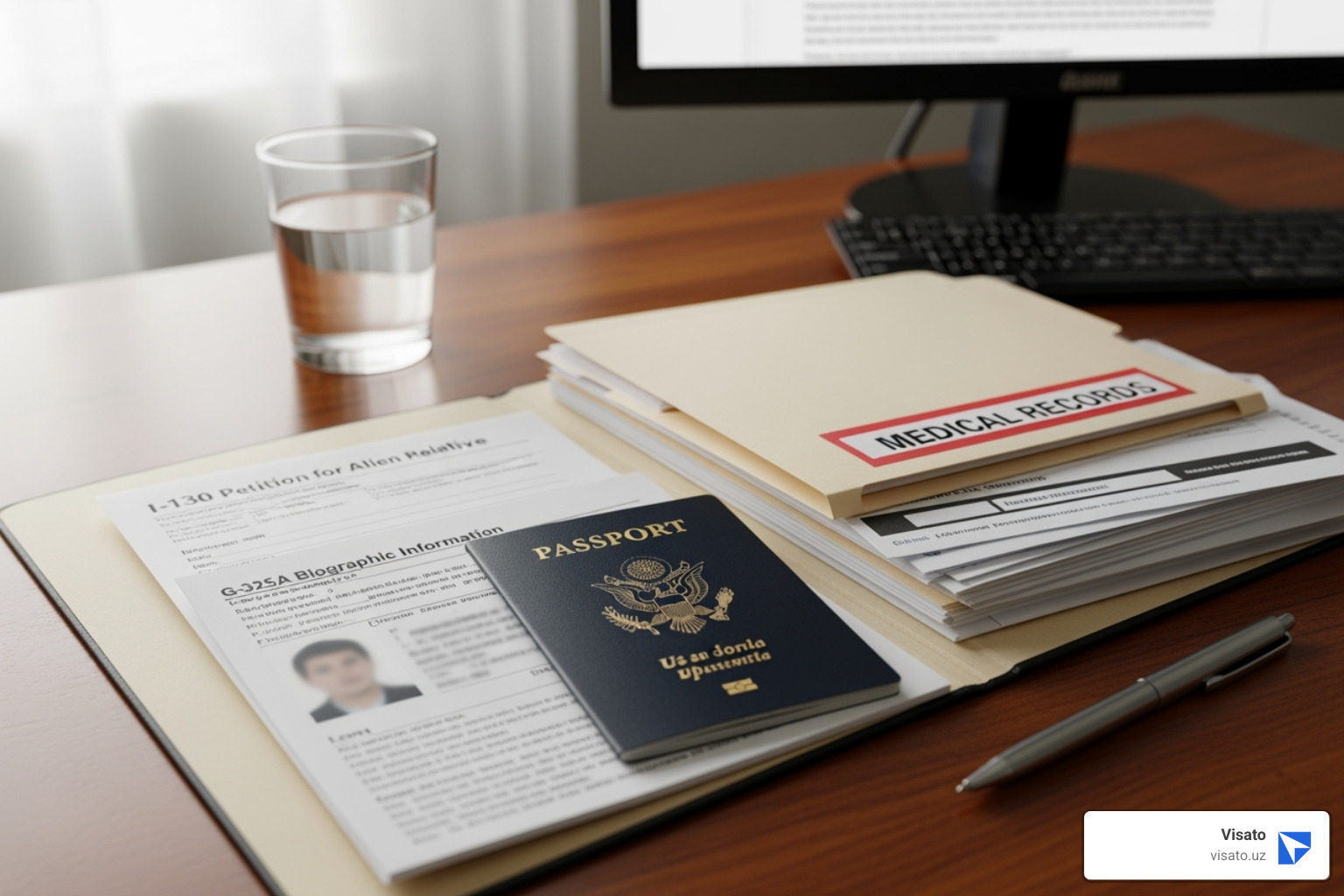 Organized folder with a passport, forms, and medical records - Medical visa application form Organized folder with a passport, forms, and medical records - Medical visa application form