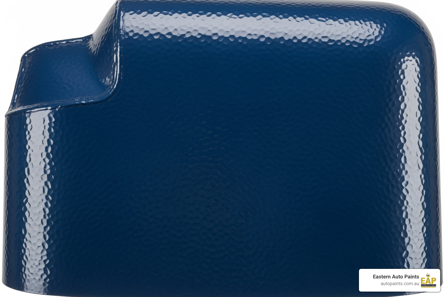 Close-up of a durable plastic or metal part coated in a deep blue hammertone paint colour for weather protection.