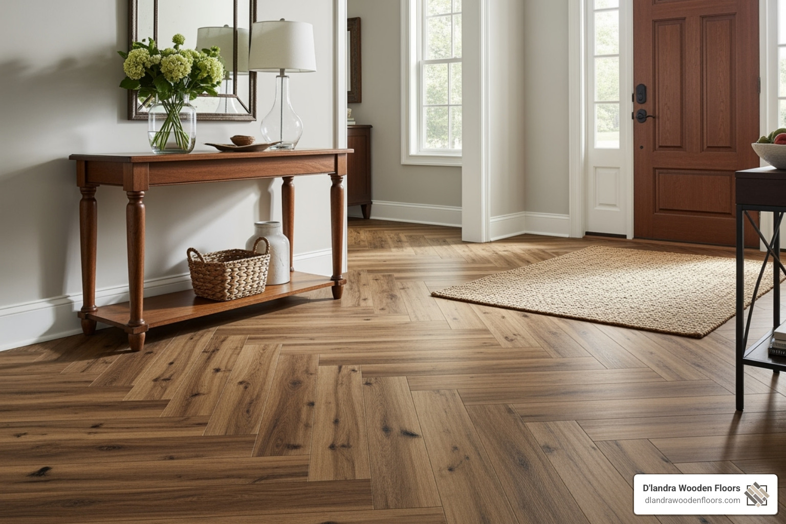 Realistic wood-look LVP in a herringbone pattern - durable entryway flooring Realistic wood-look LVP in a herringbone pattern - durable entryway flooring
