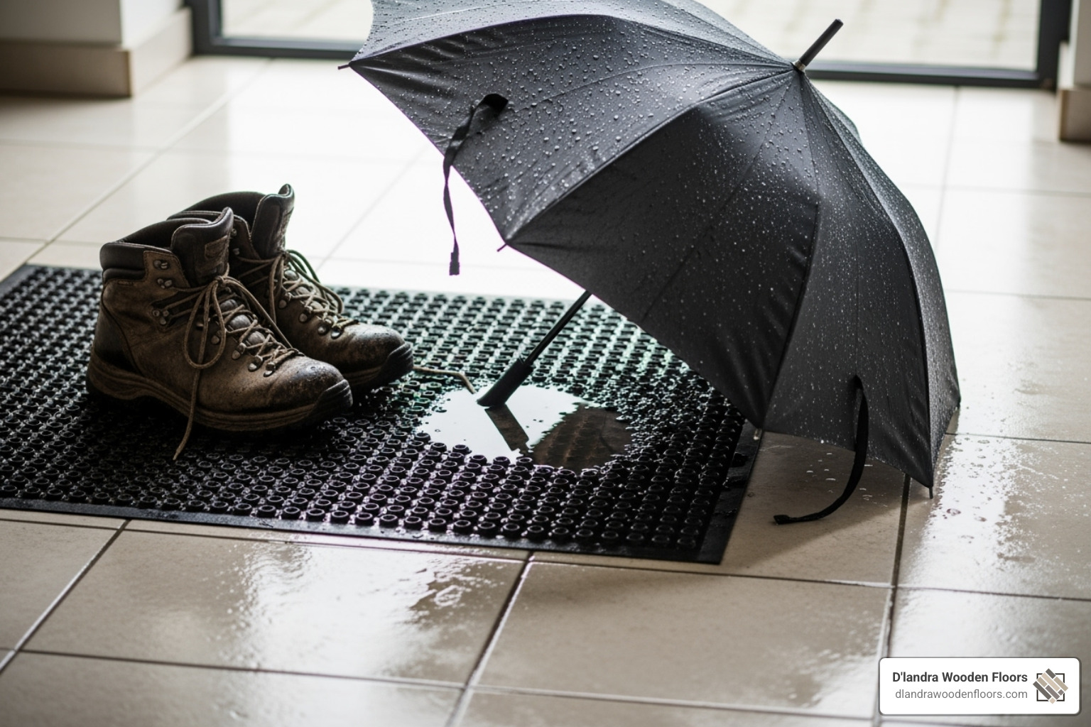 Muddy boots and a wet umbrella on an entryway floor - durable entryway flooring Muddy boots and a wet umbrella on an entryway floor - durable entryway flooring