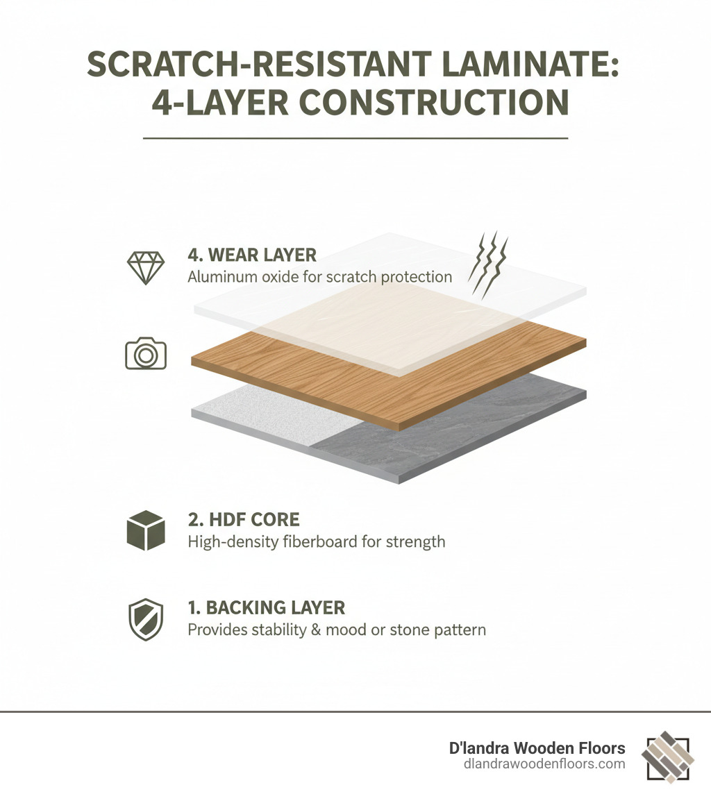 infographic showing the four layers of laminate flooring: backing layer for stability, high-density fiberboard core, photographic design layer with wood or stone pattern, and transparent wear layer with aluminum oxide for scratch protection - Scratch resistant laminate infographic  infographic showing the four layers of laminate flooring: backing layer for stability, high-density fiberboard core, photographic design layer with wood or stone pattern, and transparent wear layer with aluminum oxide for scratch protection - Scratch resistant laminate infographic