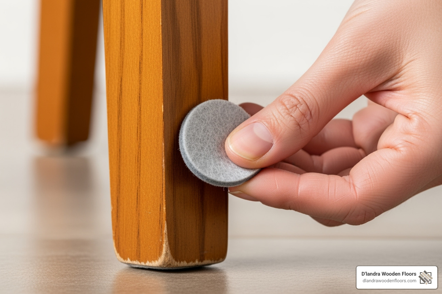 felt pads being applied to the bottom of a dining chair leg - Scratch resistant laminate felt pads being applied to the bottom of a dining chair leg - Scratch resistant laminate