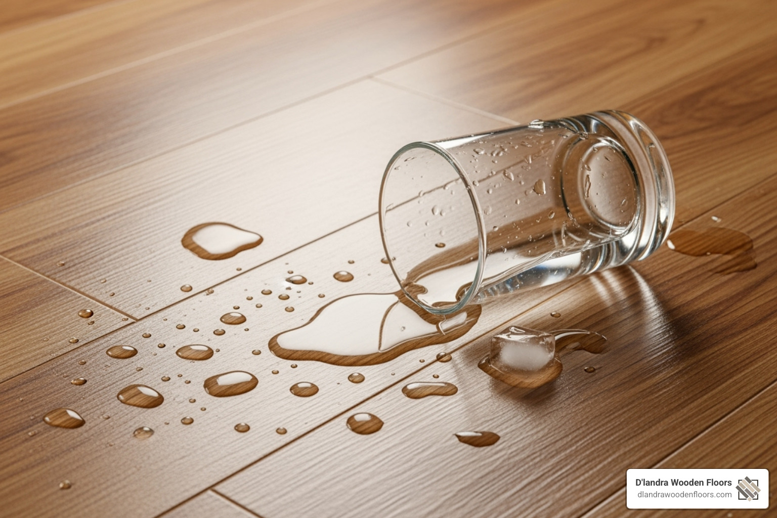 a glass of water spilled on a water-resistant laminate floor, beading on the surface - Scratch resistant laminate a glass of water spilled on a water-resistant laminate floor, beading on the surface - Scratch resistant laminate