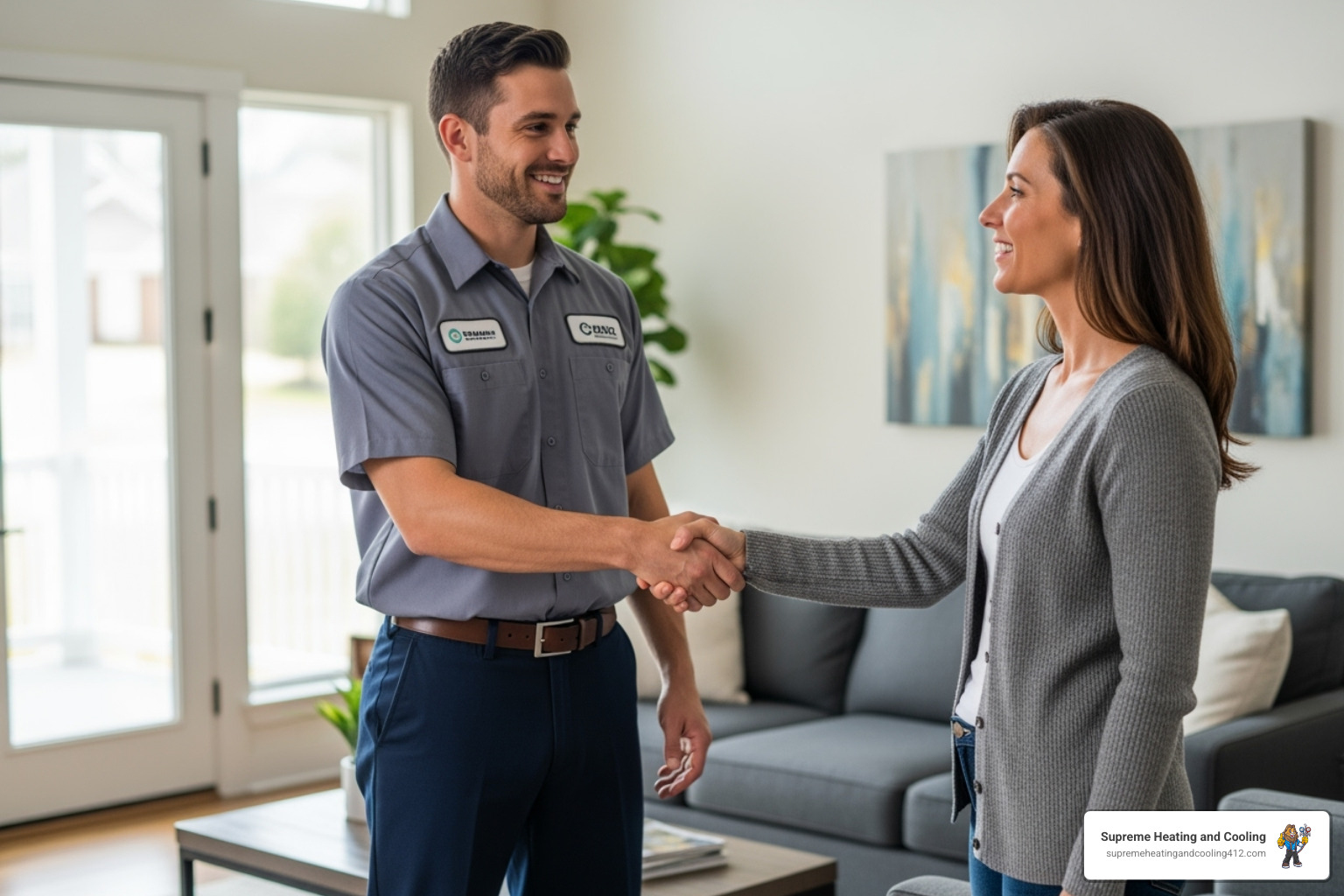 friendly technician shaking homeowner's hand - best heating company in cranberry township, pa friendly technician shaking homeowner's hand - best heating company in cranberry township, pa