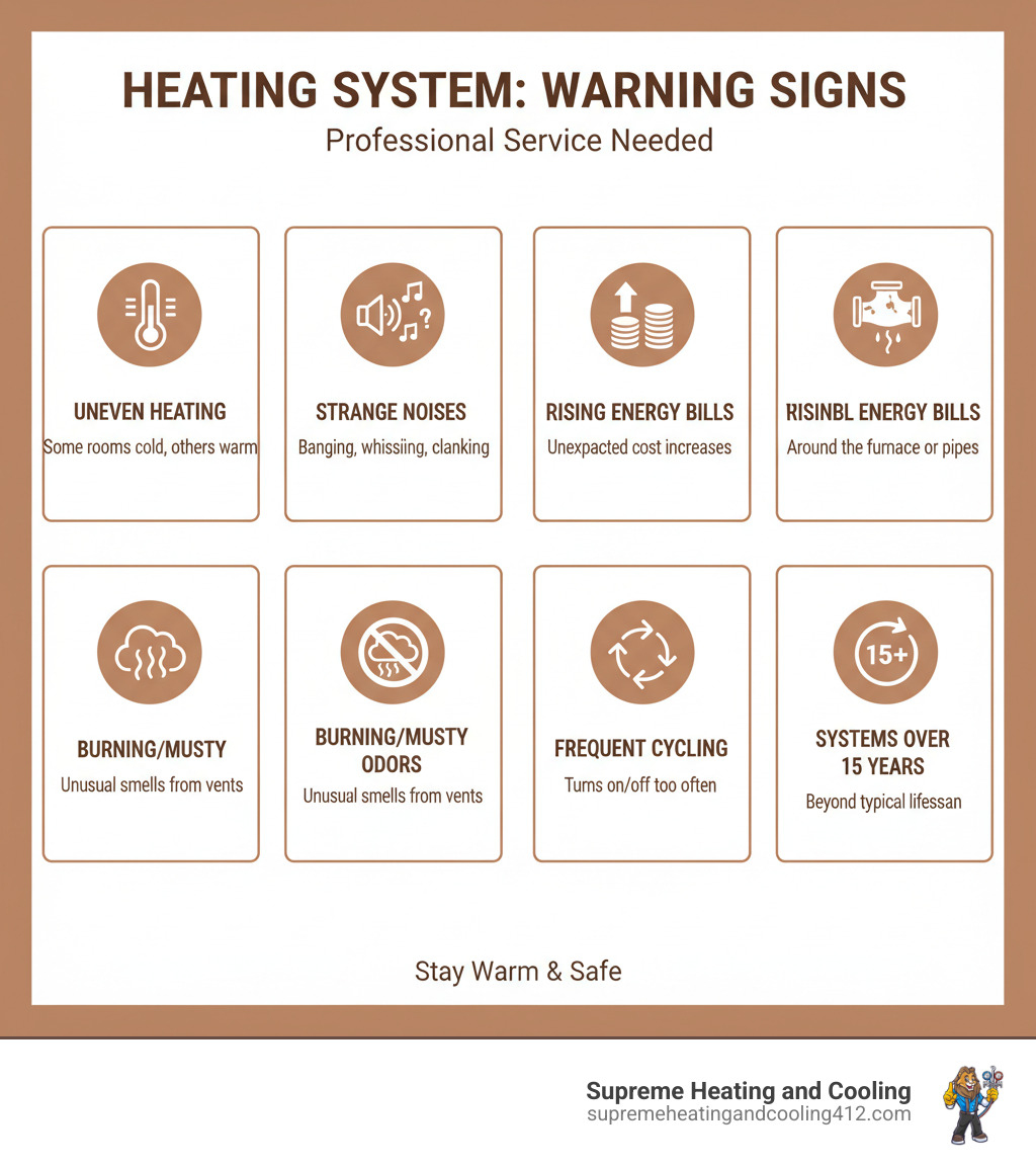 infographic showing key warning signs your heating system needs professional service including uneven heating, strange noises like banging or whistling, rising energy bills, visible rust or corrosion, burning or musty odors, frequent cycling on and off, and systems over 15 years old - best heating company in cranberry township, pa infographic infographic showing key warning signs your heating system needs professional service including uneven heating, strange noises like banging or whistling, rising energy bills, visible rust or corrosion, burning or musty odors, frequent cycling on and off, and systems over 15 years old - best heating company in cranberry township, pa infographic