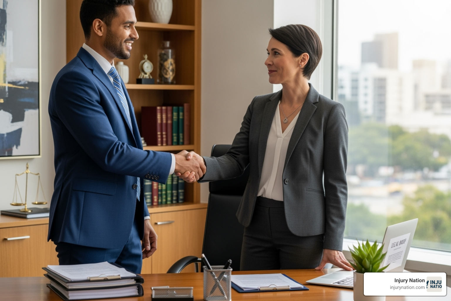 person confidently shaking hands with a lawyer in an office setting - injury lawyer directory