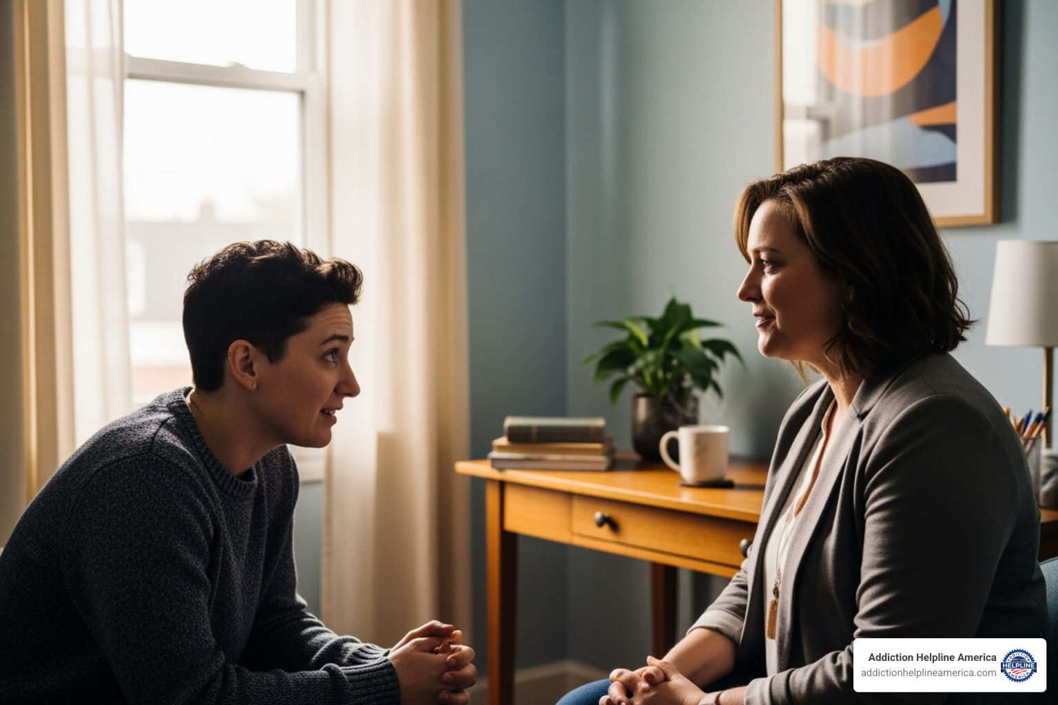 person talking to a supportive friend or counselor - alcohol rehab centers in riverside county