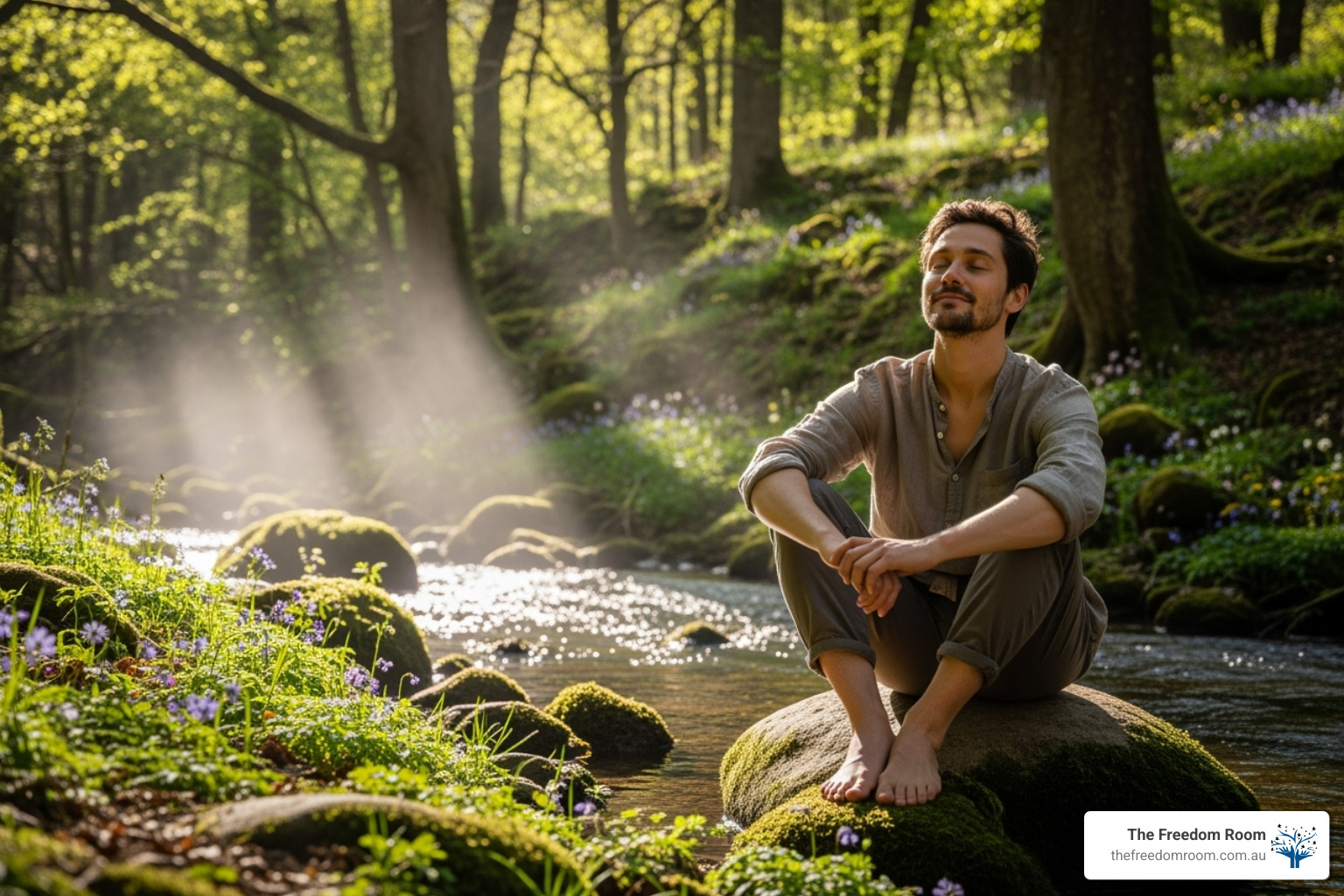 A person sitting peacefully in a meditation pose in a serene, natural Australian bush setting at sunrise - 7 stages of trauma healing