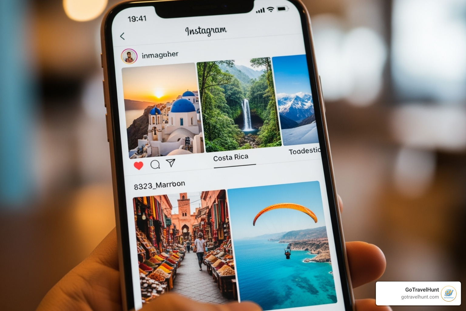 Phone screen showing a vibrant travel influencer's Instagram feed - travel inspiration
