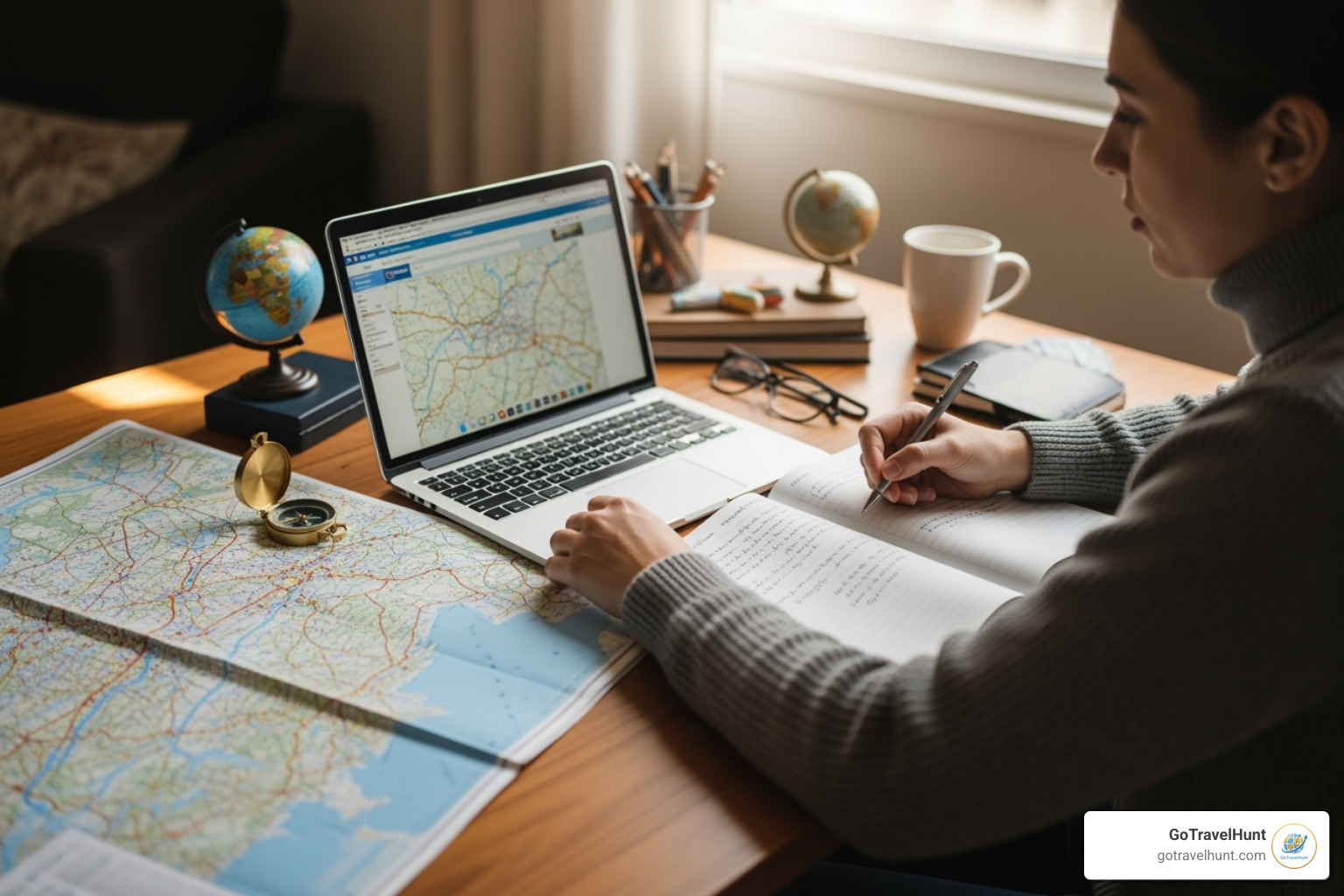 Person at a desk with a laptop, map, and notebook, planning a trip - travel inspiration