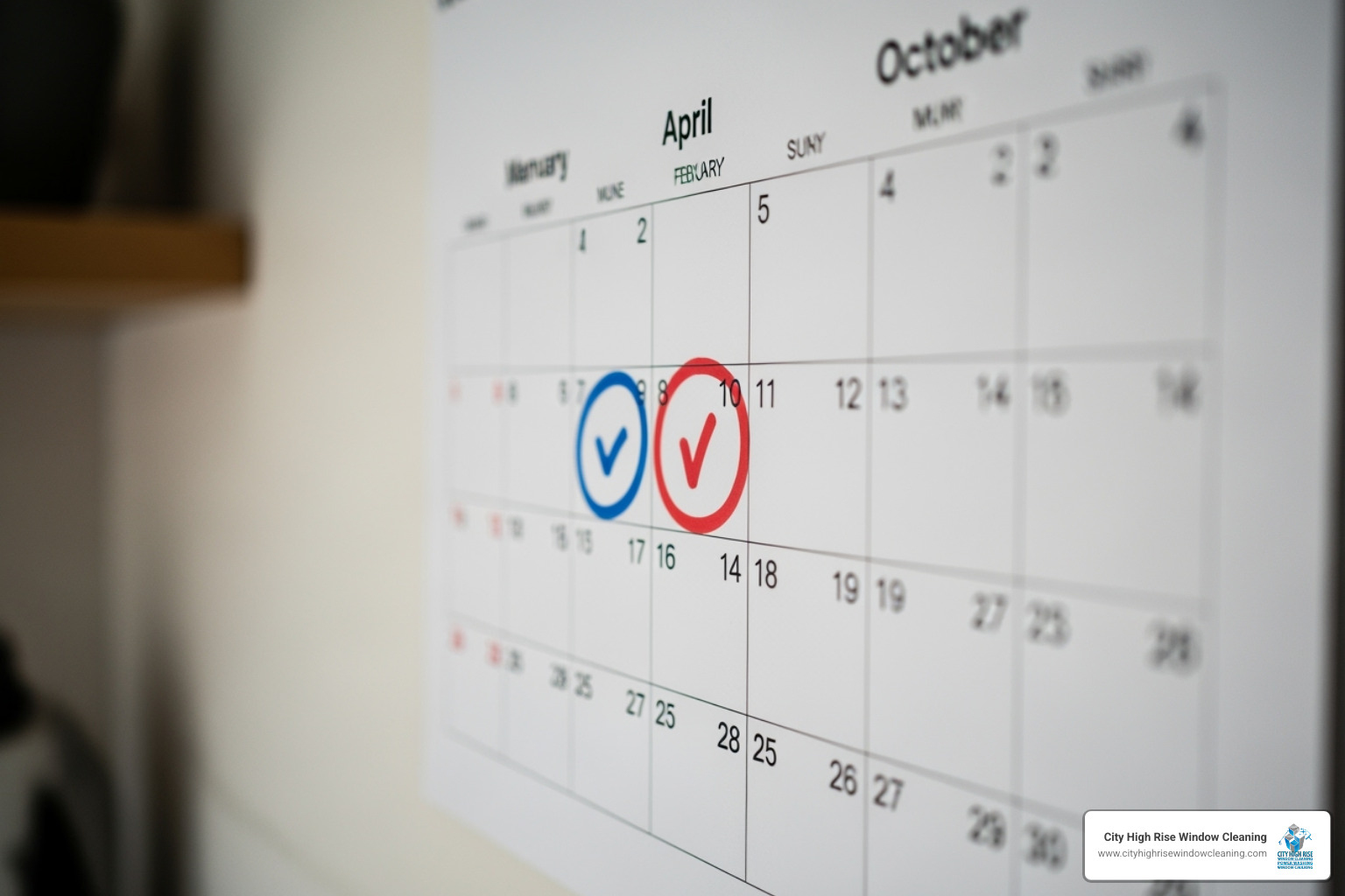 Calendar with spring and fall window cleaning appointments circled—shows how scheduling can lower the average cost for residential window cleaning. - what is the average cost for residential window cleaning Calendar with spring and fall window cleaning appointments circled—shows how scheduling can lower the average cost for residential window cleaning. - what is the average cost for residential window cleaning