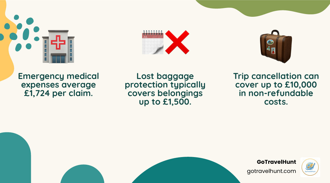 infographic showing the top reasons to get holiday insurance: emergency medical expenses averaging £1,724 per claim, trip cancellation covering up to £10,000 in non-refundable costs, and lost baggage protection for belongings up to £1,500 - compare holiday insurance infographic 3_facts_emoji_nature