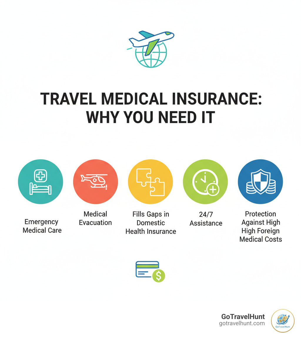 infographic showing the main reasons travelers need trip medical insurance including emergency medical care coverage, medical evacuation benefits, filling gaps in domestic health insurance, 24/7 assistance services, and protection against high foreign medical costs - trip medical insurance infographic  infographic showing the main reasons travelers need trip medical insurance including emergency medical care coverage, medical evacuation benefits, filling gaps in domestic health insurance, 24/7 assistance services, and protection against high foreign medical costs - trip medical insurance infographic