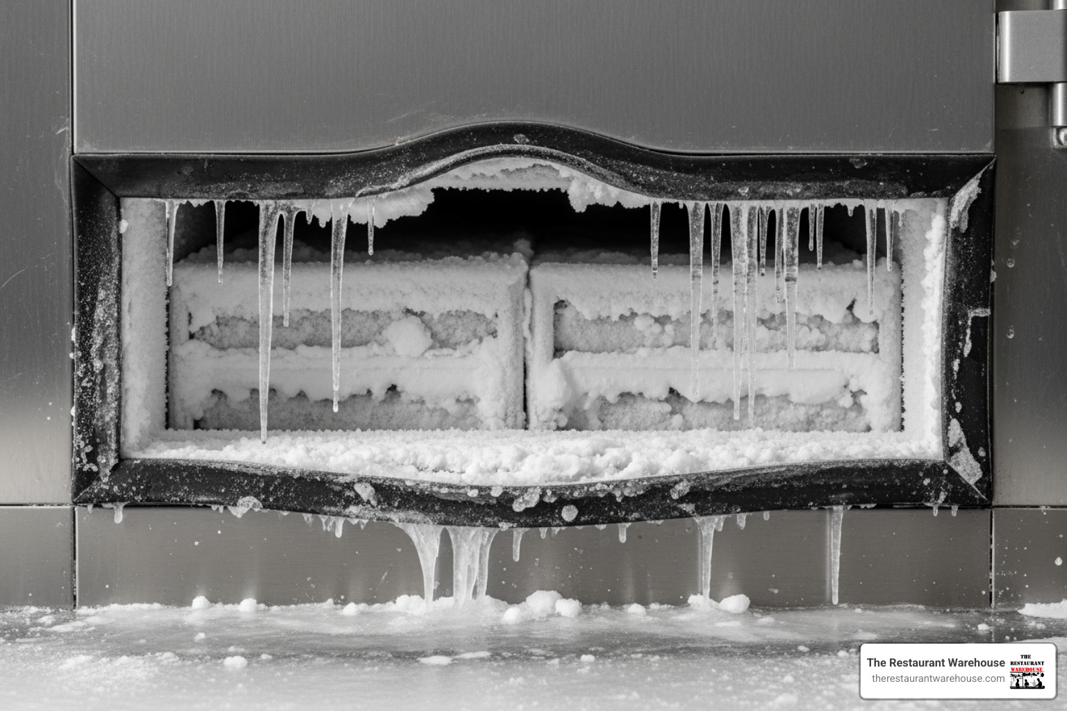Significant frost and ice buildup along the edges of a poorly sealed commercial freezer door, with visible gaps in the gasket and a thick layer of ice inside. - do commercial freezers have a suction seal on the door Significant frost and ice buildup along the edges of a poorly sealed commercial freezer door, with visible gaps in the gasket and a thick layer of ice inside. - do commercial freezers have a suction seal on the door