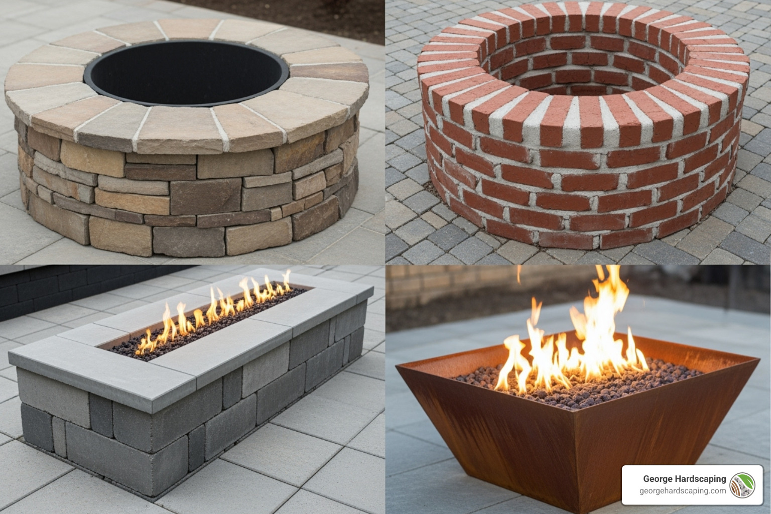 collage showcasing different fire pit materials like natural stone, brick, concrete pavers, and Corten steel - Custom fire pit ideas
