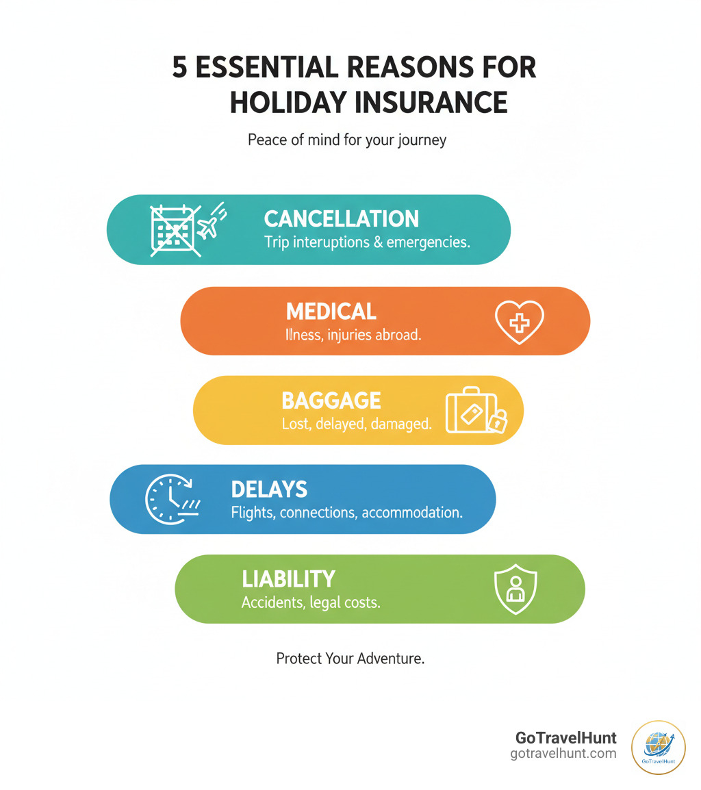 infographic explaining the top 5 reasons to get holiday insurance (Cancellation, Medical, Baggage, Delays, Liability) - best holiday insurance infographic 