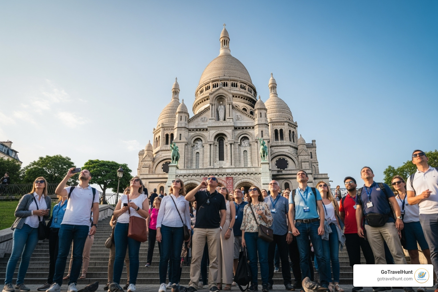 tour group looking up at the Sacrรฉ-Cลur in Montmartre - walking tour paris tour group looking up at the Sacrรฉ-Cลur in Montmartre - walking tour paris