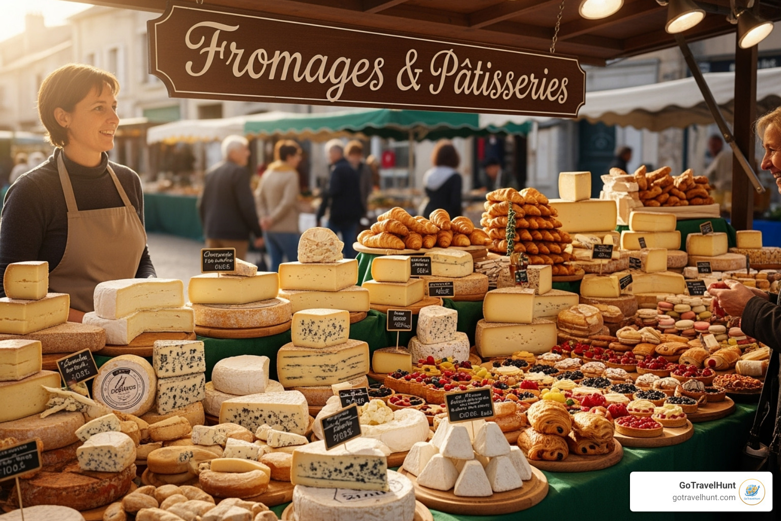 selection of French cheeses and pastries at a market - walking tour paris selection of French cheeses and pastries at a market - walking tour paris
