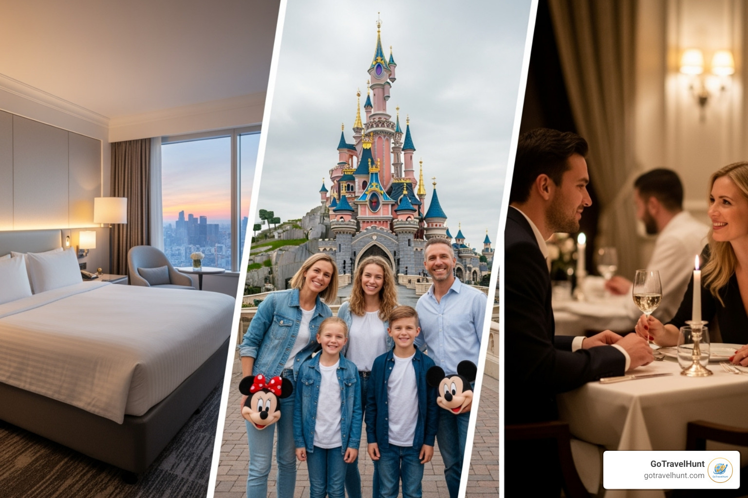 Collage of Paris experiences: luxury hotel room, family at Disneyland Paris, couple dining romantically - travel packages for paris france